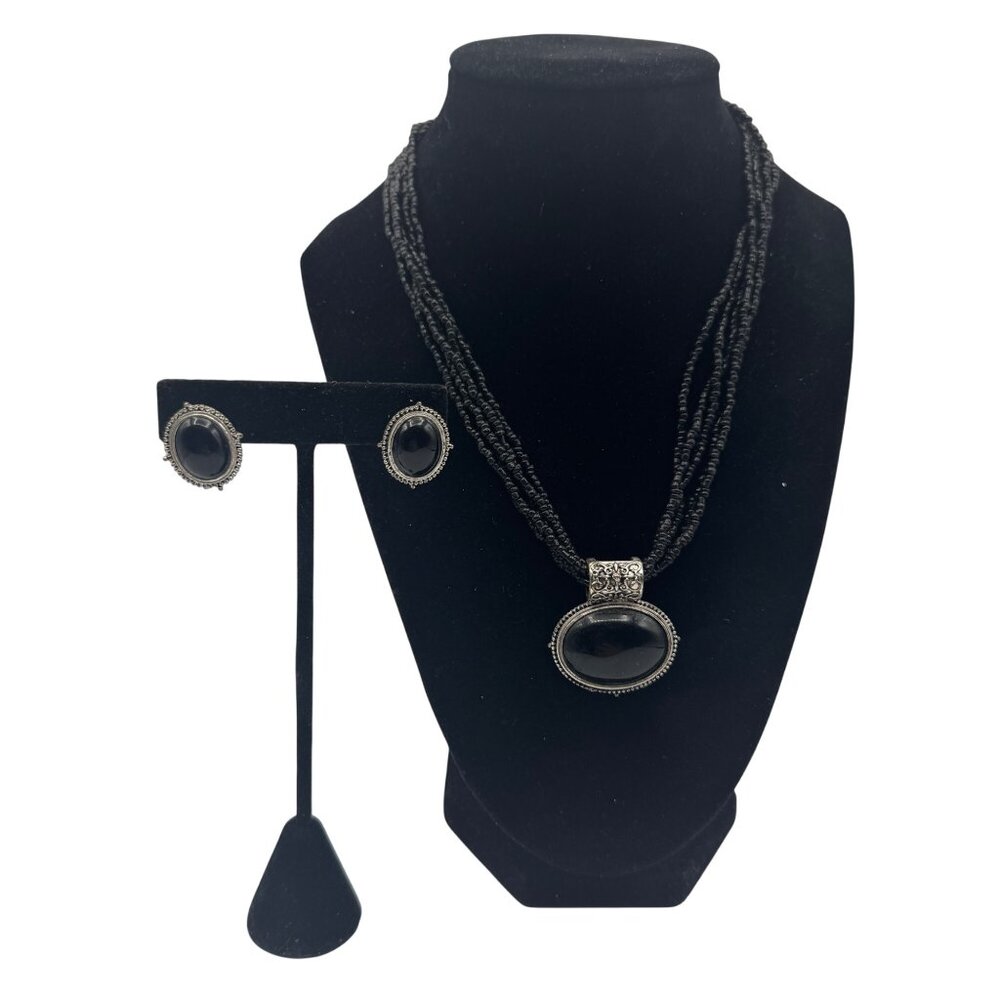 Black Beaded Necklace & Earring Set With Silver Accents And Oval Pendant